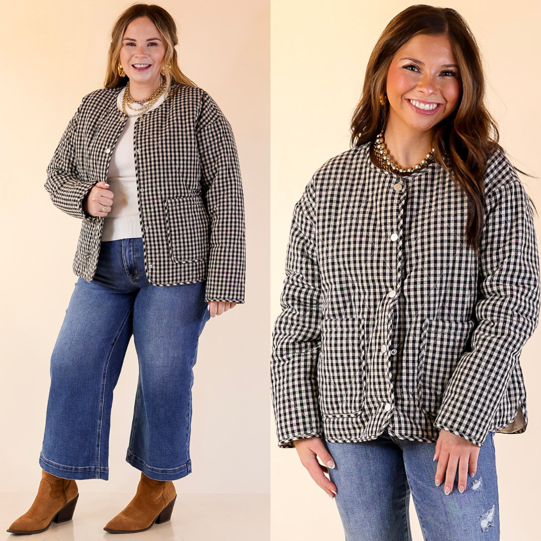 Two images of a woman wearing a gingham jacket and jeans on a plain background 