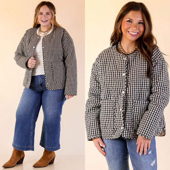 Two images of a woman wearing a gingham jacket and jeans on a plain background 