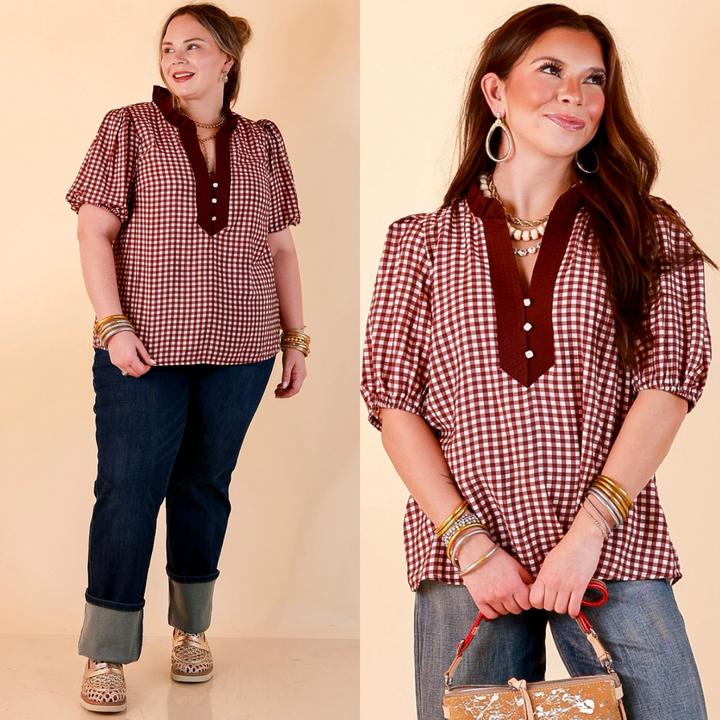 Check the Agenda Contrast V-Neck Button Detail Gingham Puff Sleeve Top in Maroon and Ivory