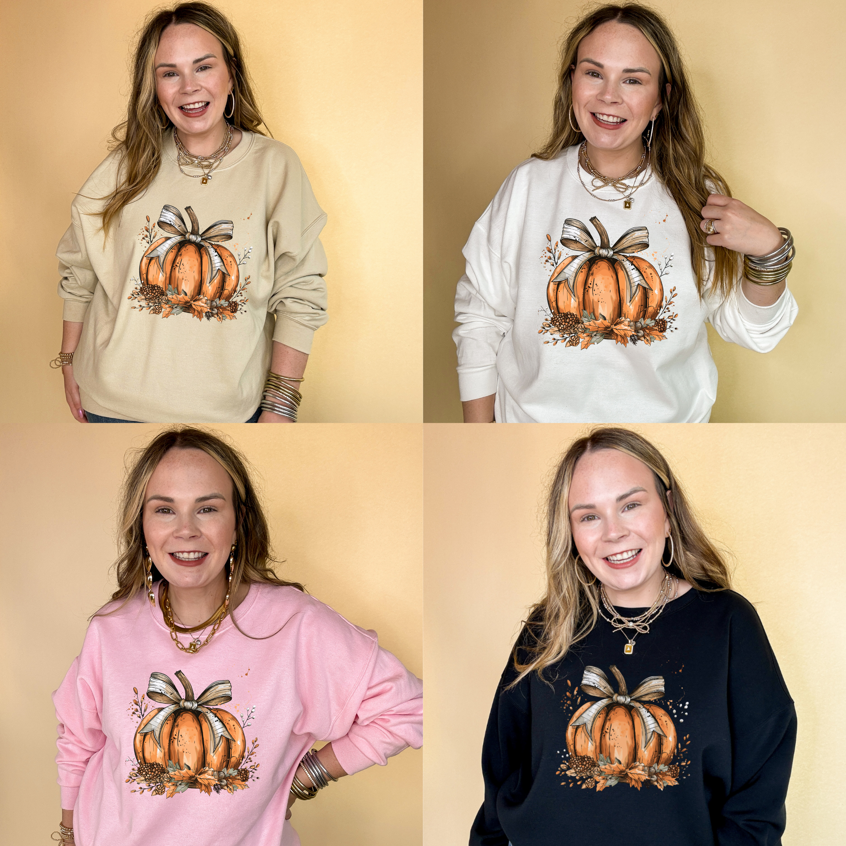 Online Exclusive | Chic Autumn Pumpkin on a Bed of Leaves with Off White Bow Graphic Sweatshirt in Multiple Color Options