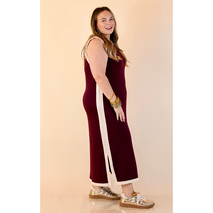 Chic Direction Solid Sleeveless Knit Midi Dress with Ivory Trim in Maroon