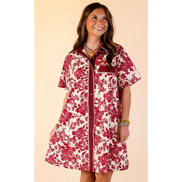 Chic Perspective Collared Button Up Floral Toile Shift Dress in Maroon