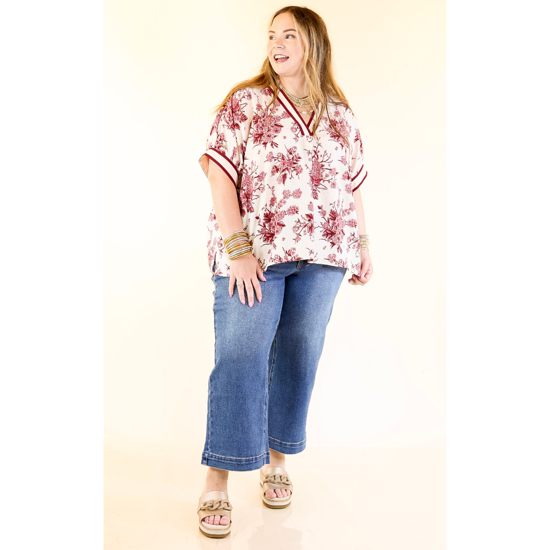 Chic Rewind V Neck Placket Floral French Toile Short Sleeve Top in Maroon and Ivory
