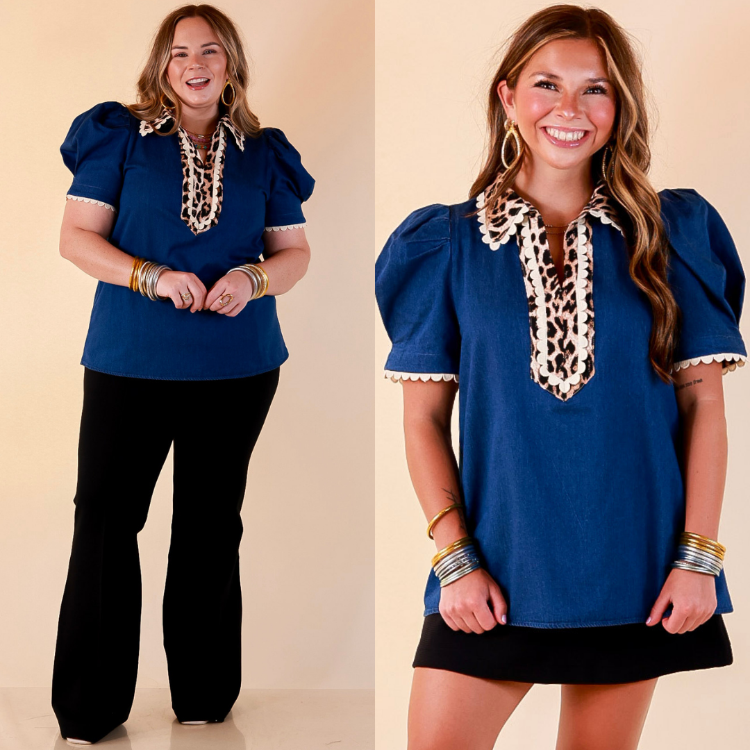 Chic in Command Contrast Leopard Print Trim with Ruffle Detailing Puff Sleeve Top in Denim