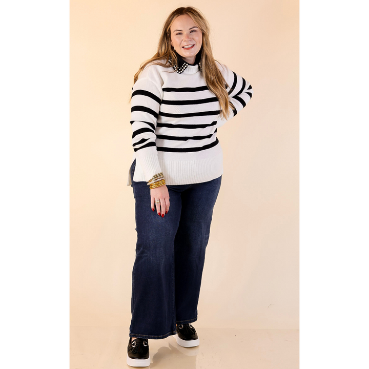 Chilly Day Charm Mock Neck Long Sleeve High-Low Striped Sweater in Ivory with Black Stripes