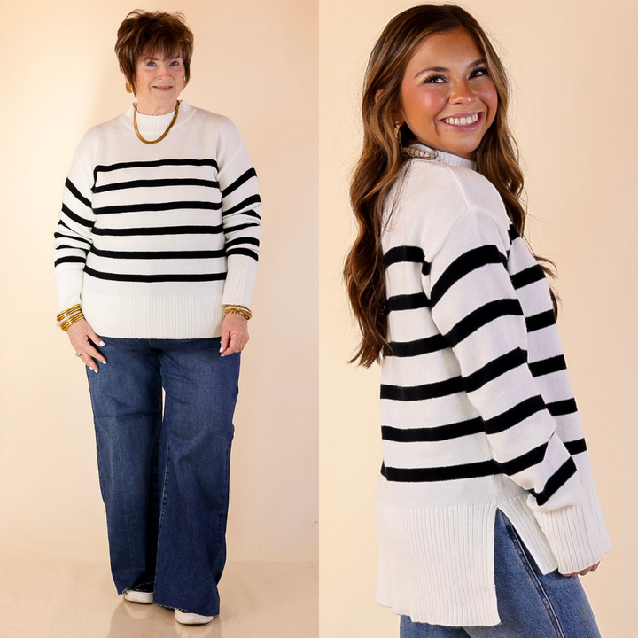 Chilly Day Charm Mock Neck Long Sleeve High-Low Striped Sweater in Ivory with Black Stripes