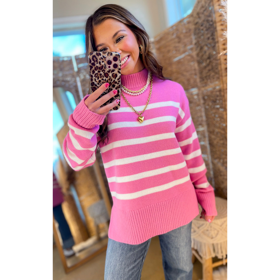 Chilly Day Charm Mock Neck Long Sleeve High-Low Striped Sweater in Pink with Ivory Stripes