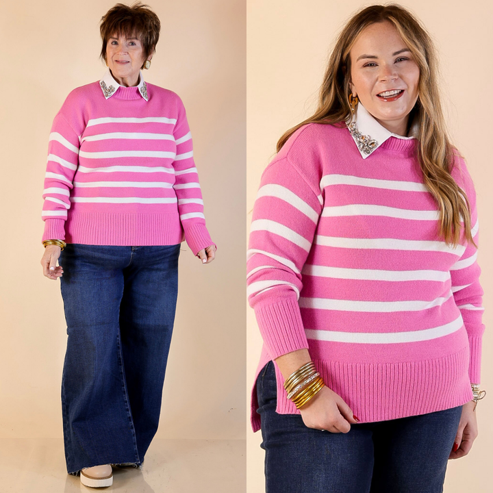 Chilly Day Charm Mock Neck Long Sleeve High-Low Striped Sweater in Pink with Ivory Stripes