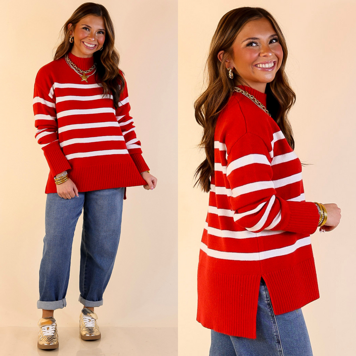 Chilly Day Charm Mock Neck Long Sleeve High-Low Striped Sweater in Red with Ivory Stripes