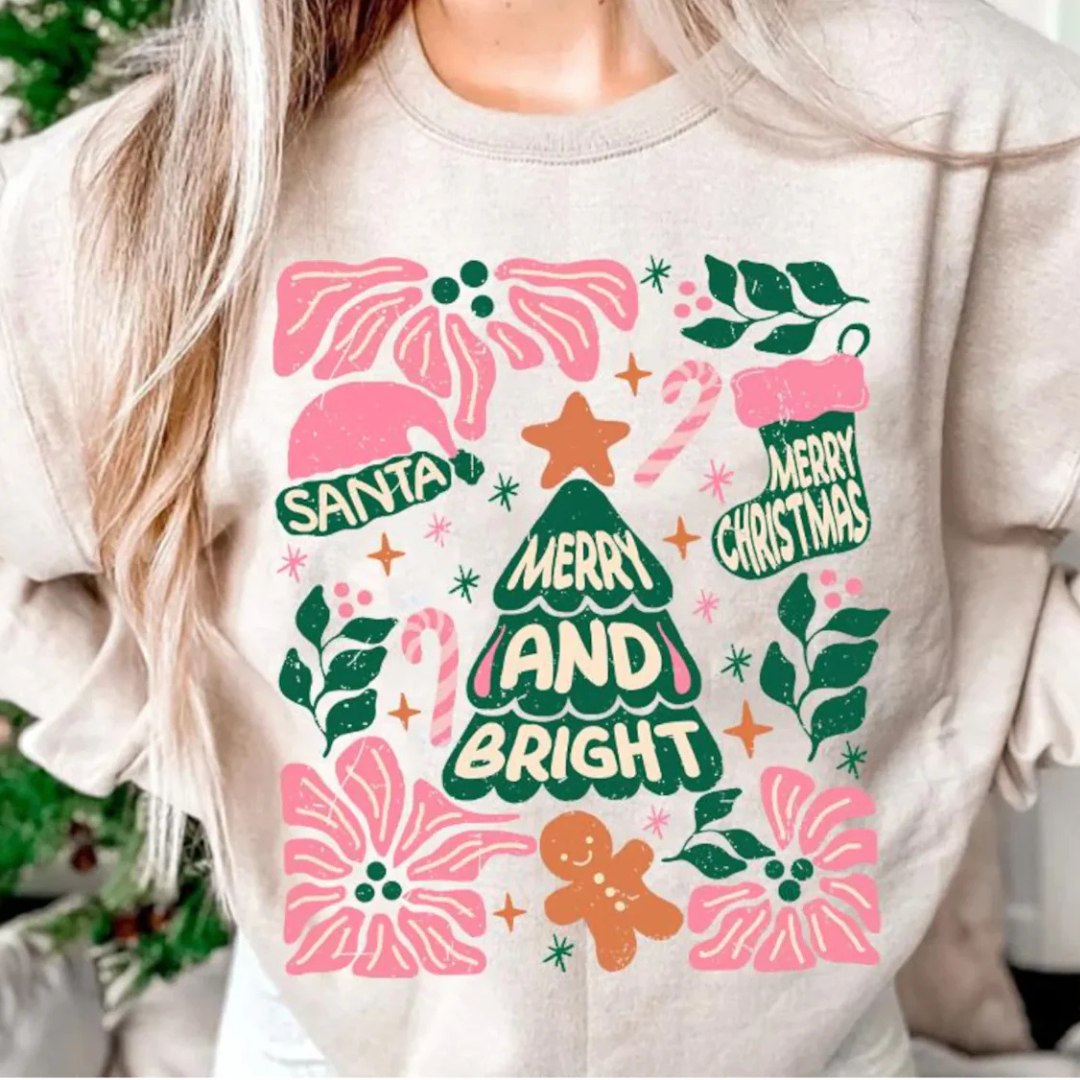 Online Exclusive | Christmas Tree Hand Drawn Merry & Bright Graphic Sweatshirt in Cream