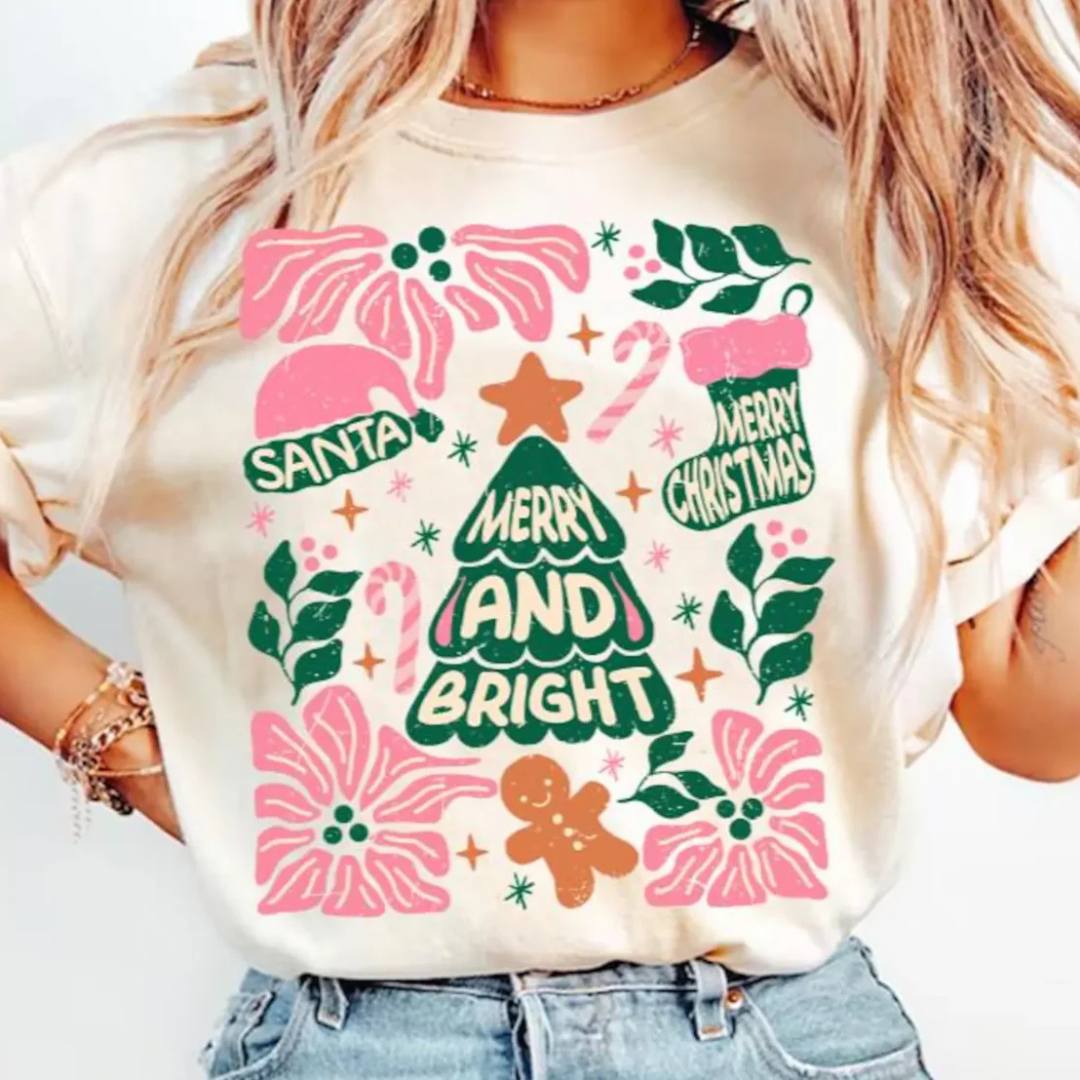 Online Exclusive | Christmas Tree Hand Drawn Merry & Bright Graphic Tee in Cream