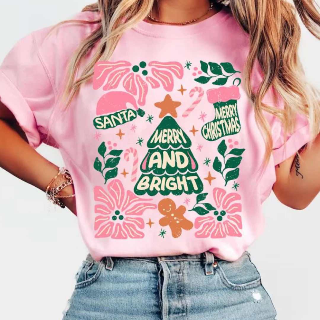 Online Exclusive | Christmas Tree Hand Drawn Merry & Bright Graphic Tee in Pink