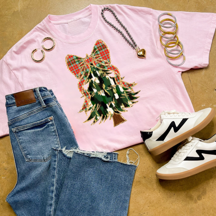 Online Exclusive | Christmas Tree Watercolor with Plaid Bow Graphic Tee in Multiple Color Options
