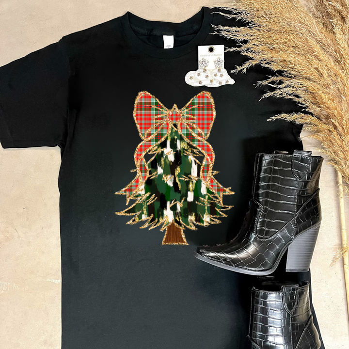 Online Exclusive | Christmas Tree Watercolor with Plaid Bow Graphic Tee in Multiple Color Options