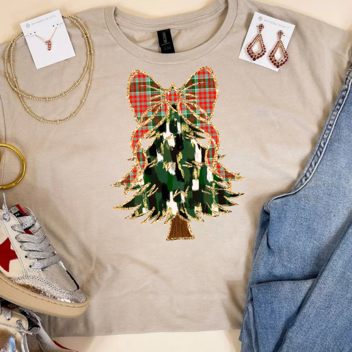 Online Exclusive | Christmas Tree Watercolor with Plaid Bow Graphic Tee in Multiple Color Options