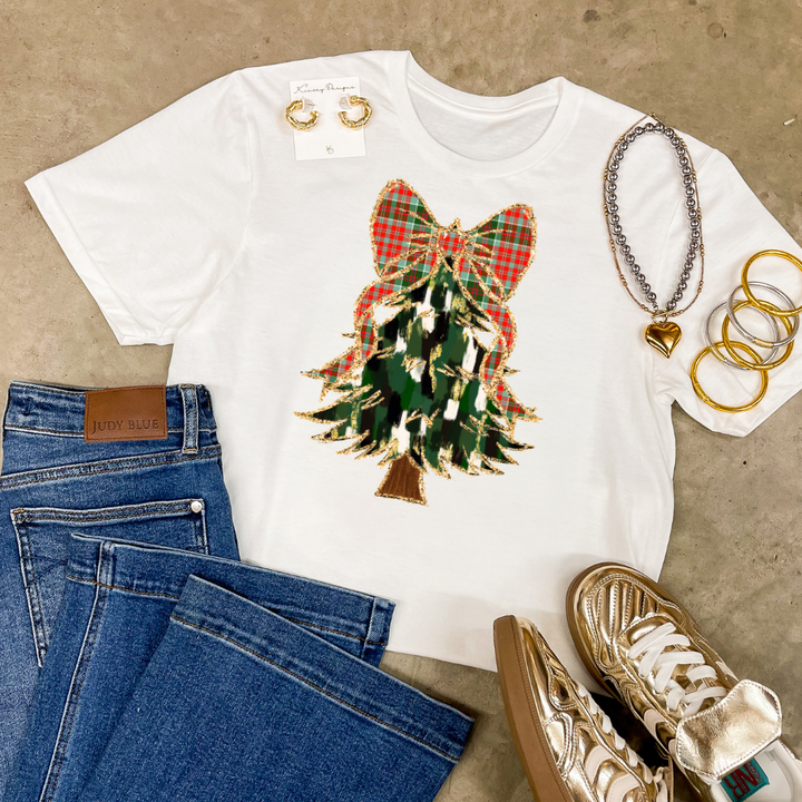 Online Exclusive | Christmas Tree Watercolor with Plaid Bow Graphic Tee in Multiple Color Options