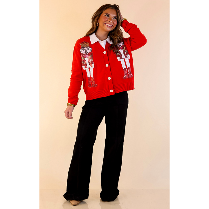 Christmas on the Plaza Sequin Nutcracker Button Up Cardigan in Red