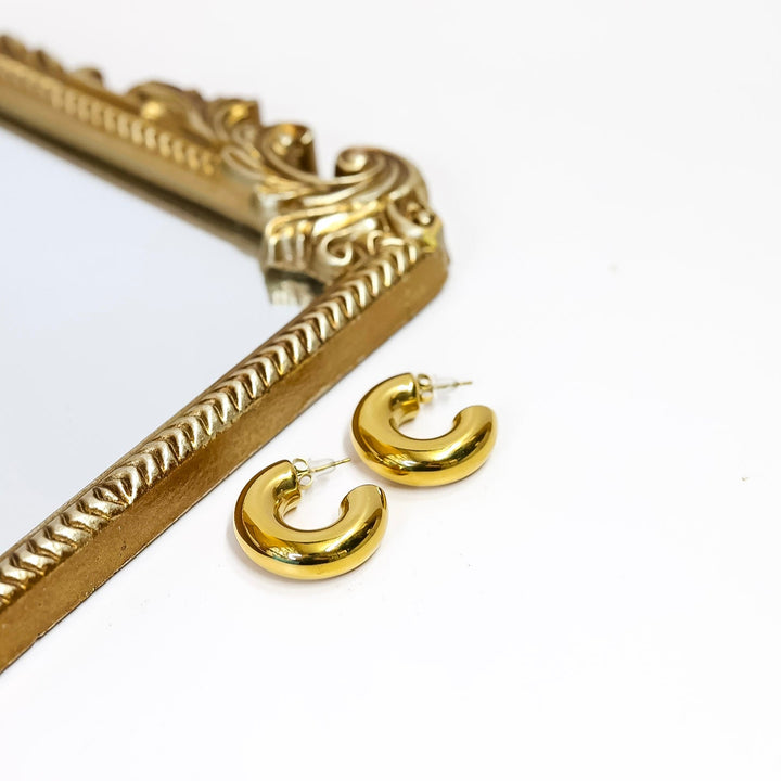 Gold necklace and crescent moon earrings on a white background