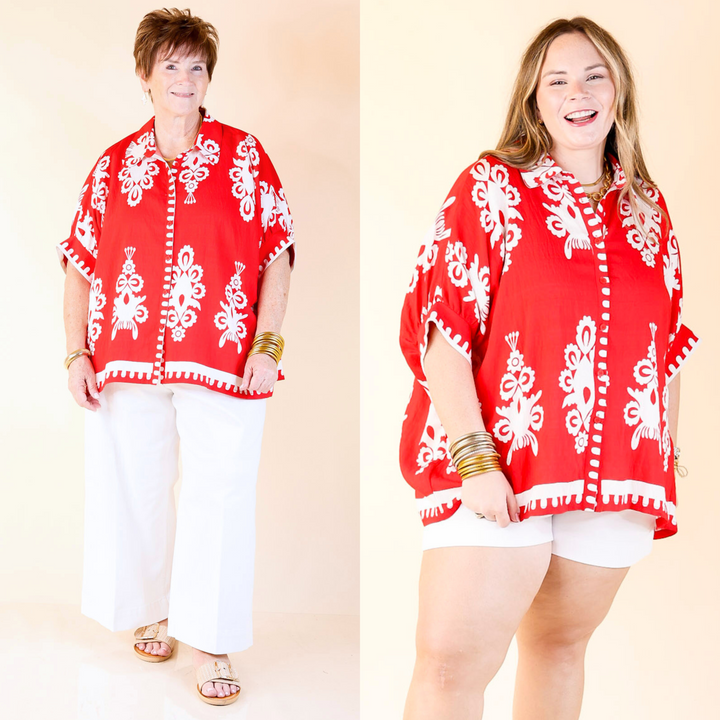 Featuring an all-over damask print and a tailored button-up silhouette, this blouse brings just the right amount of sophistication. Sizes small to large.