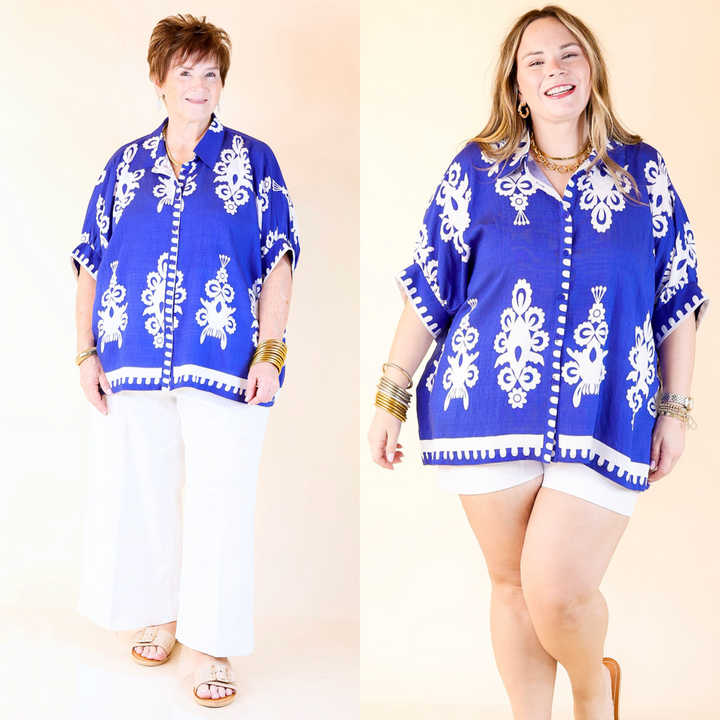 Featuring an all-over damask print and a tailored button-up silhouette, this blouse brings just the right amount of sophistication. Sizes small to large.