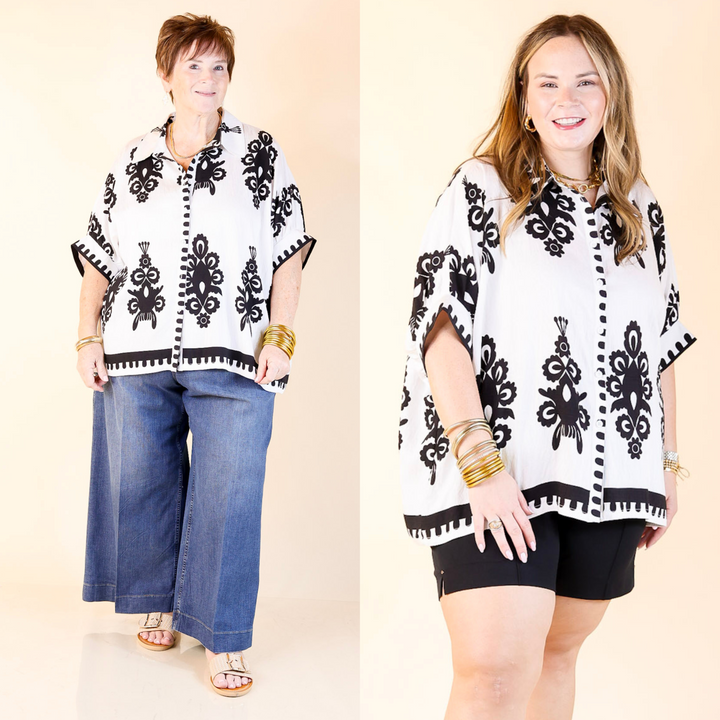 Featuring an all-over damask print and a tailored button-up silhouette, this blouse brings just the right amount of sophistication. Sizes small to large.