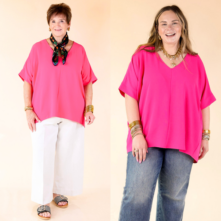 Designed with a flattering V-neckline and short sleeves. The lightweight fabric ensures all-day comfort. Sizes small to XL.