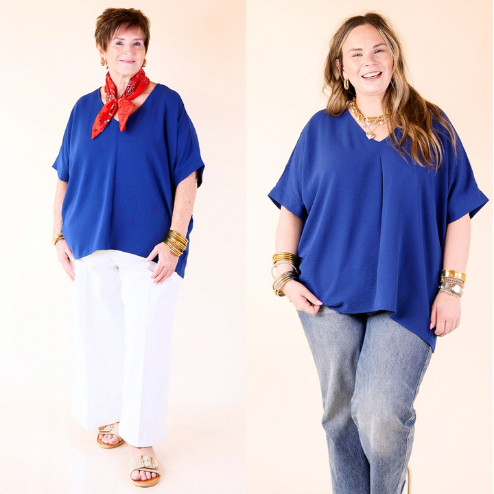 Designed with a flattering V-neckline and short sleeves. The lightweight fabric ensures all-day comfort. Sizes small to XL.