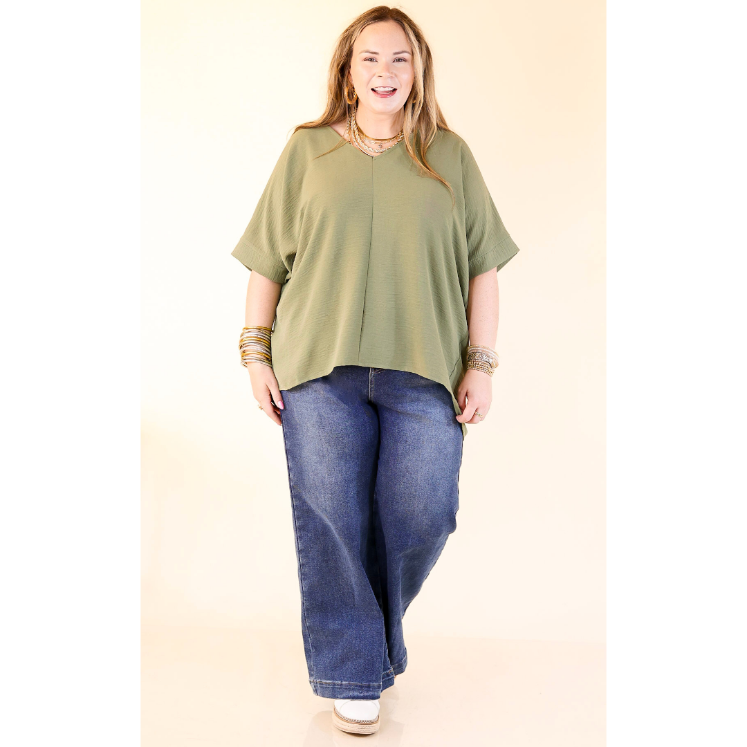 Classically Chic Short Sleeve V Neck Top in Olive Green