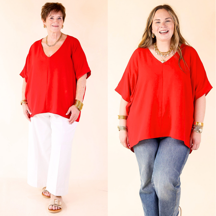Designed with a flattering V-neckline and short sleeves. The lightweight fabric ensures all-day comfort. Sizes small to XL.