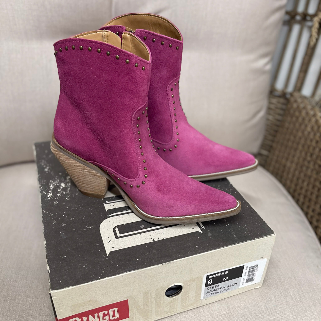 *DISCONTINUED* Dingo | Classy N Sassy Leather Bootie in Fuchsia Pink Suede | Last Chance Size 9