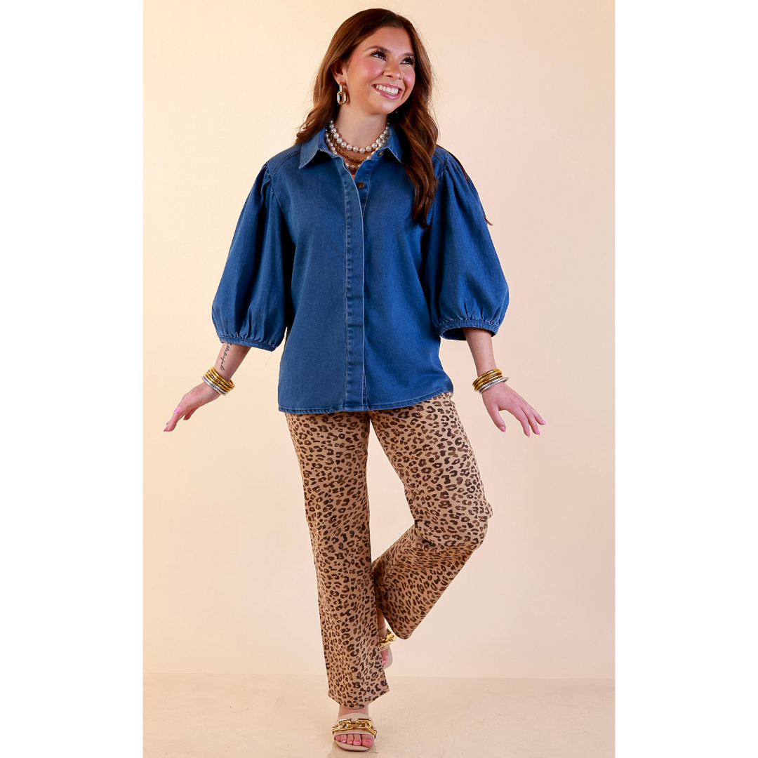 Clean Cut Charm Puff Sleeve Button Front Denim Top with Collar in Medium Wash