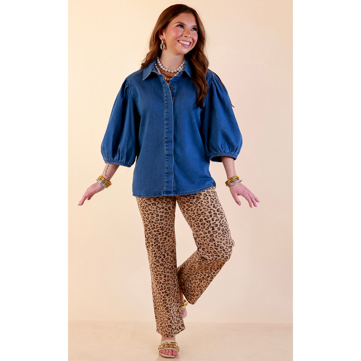 Clean Cut Charm Puff Sleeve Button Front Denim Top with Collar in Medium Wash