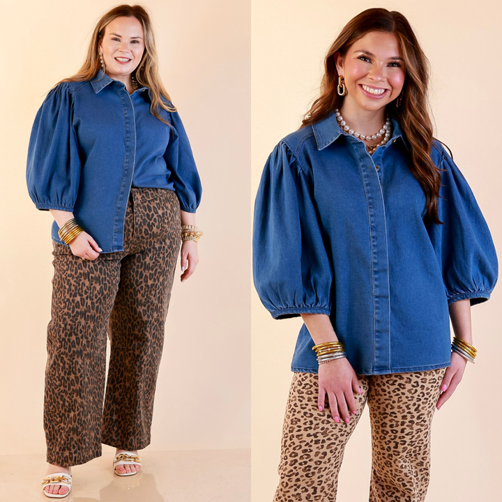 Clean Cut Charm Puff Sleeve Button Front Denim Top with Collar in Medium Wash