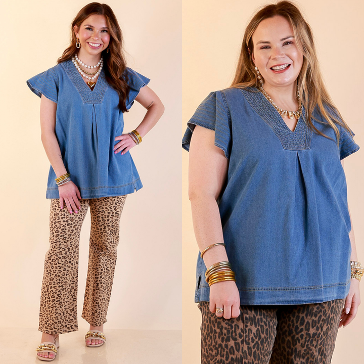 Models are wearing V-Neck Denim Top with Stitch Detail and Drop Shoulder Cap Sleeve in Medium Wash with Leopard Jeans against a beige backdrop. 