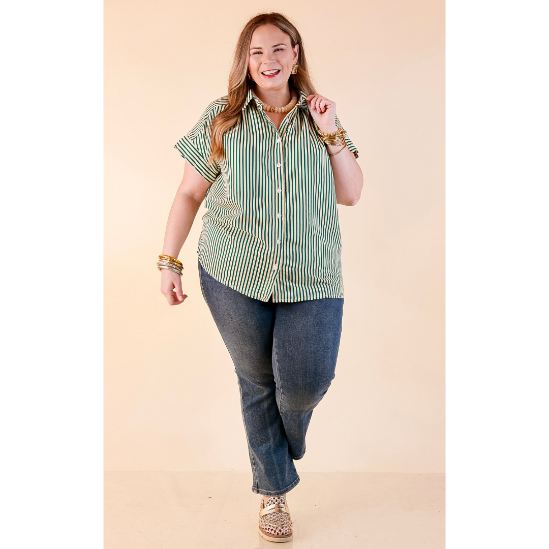 Closet Essential Striped Button Up Short Sleeve Collared Top in Green
