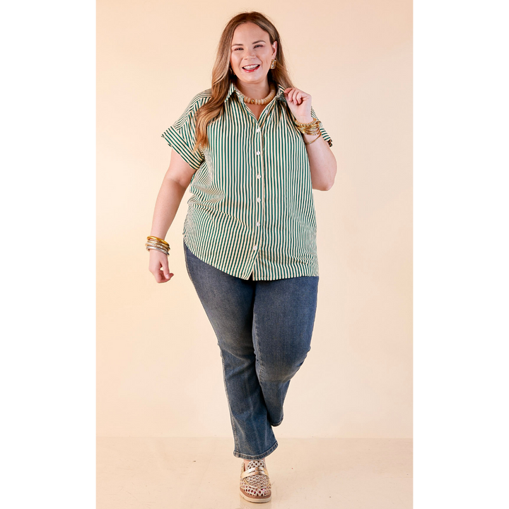 Closet Essential Striped Button Up Short Sleeve Collared Top in Green
