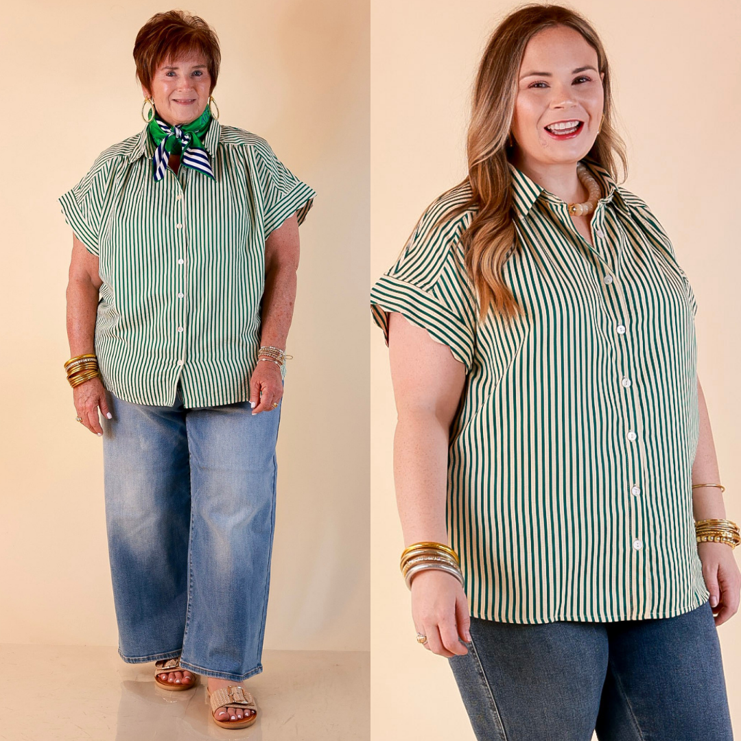 Closet Essential Striped Button Up Short Sleeve Collared Top in Green