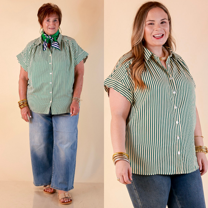 Closet Essential Striped Button Up Short Sleeve Collared Top in Green