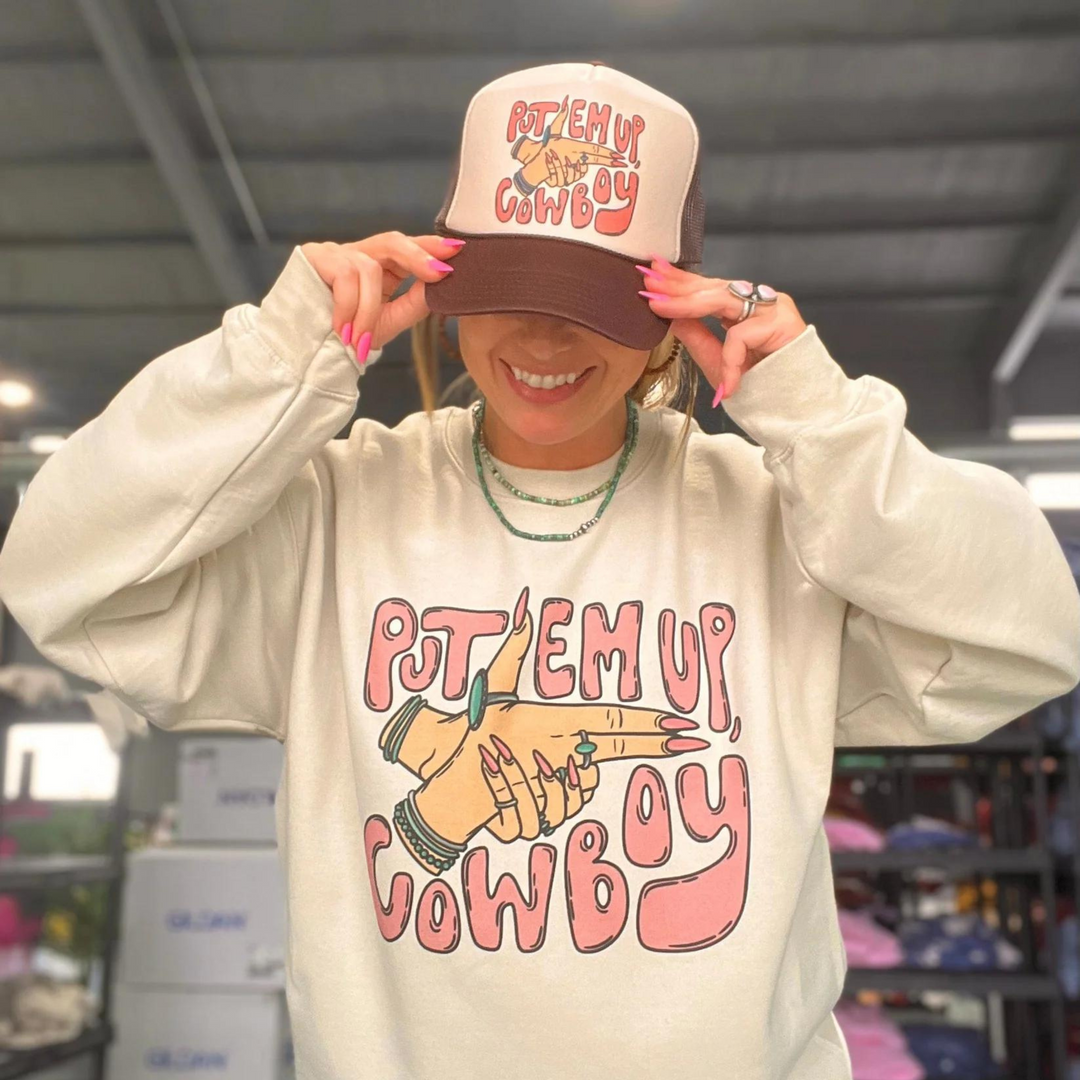 Online Exclusive | Put Em Up Cowboy Graphic Sweatshirt in Cream - Giddy Up Glamour Boutique