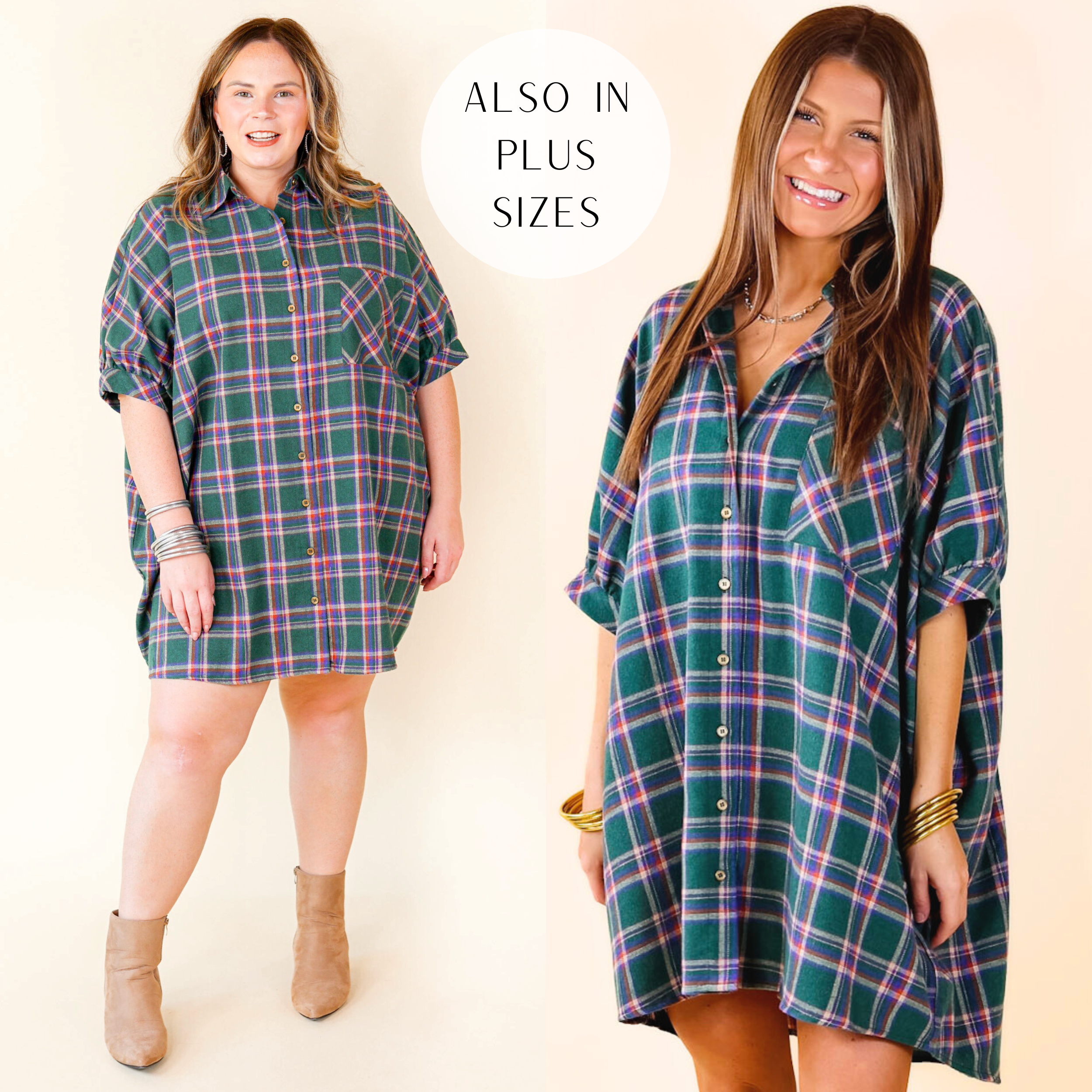 Model is wearing an oversized plaid dress with a button up front, collared neckline, and short sleeves. Model has it paired with white boots and gold jewelry.