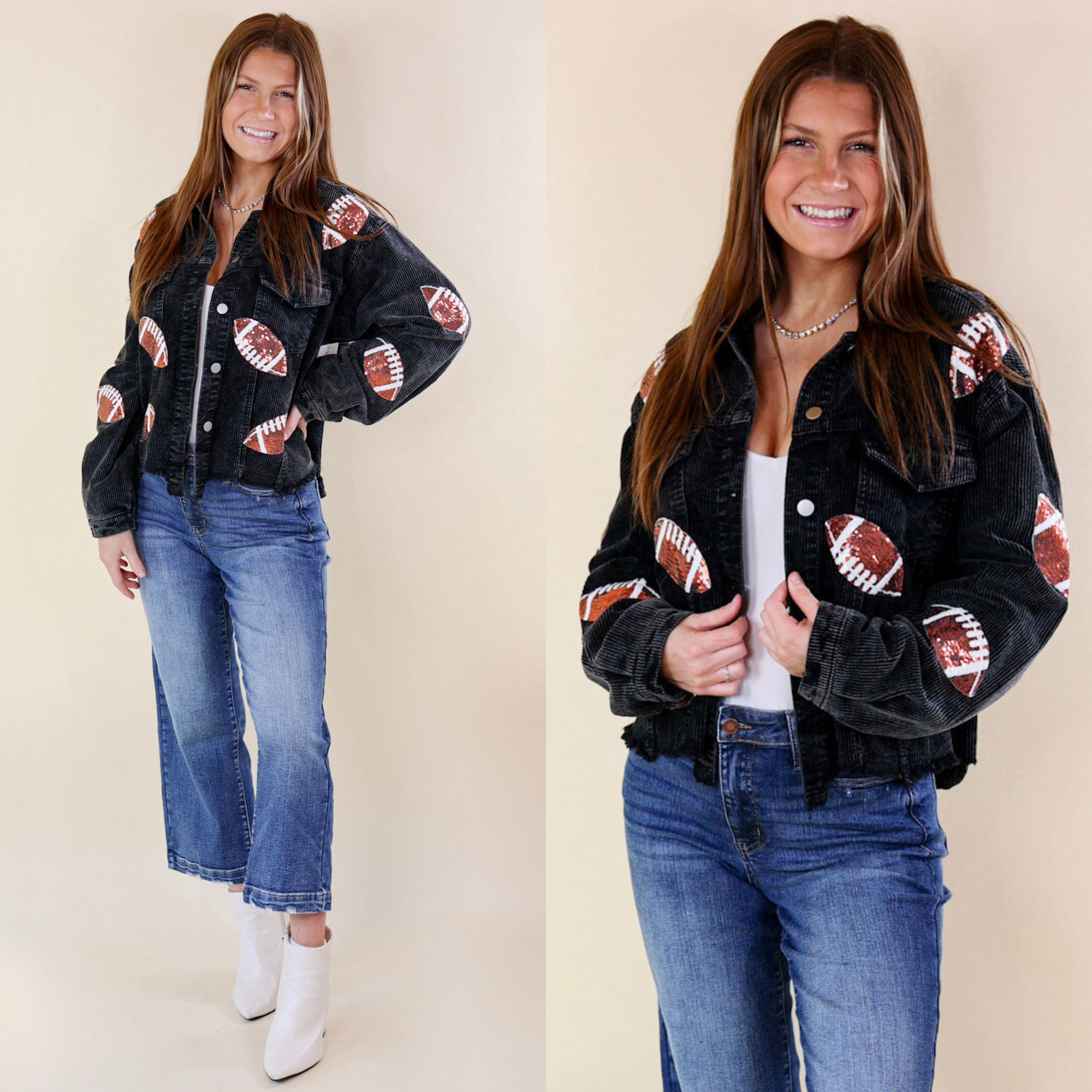 Model is wearing a black corudory shacket with long sleeves and sequin football patches all over. Model has it paired with cropped jeans, white booties, and silver jewelry.