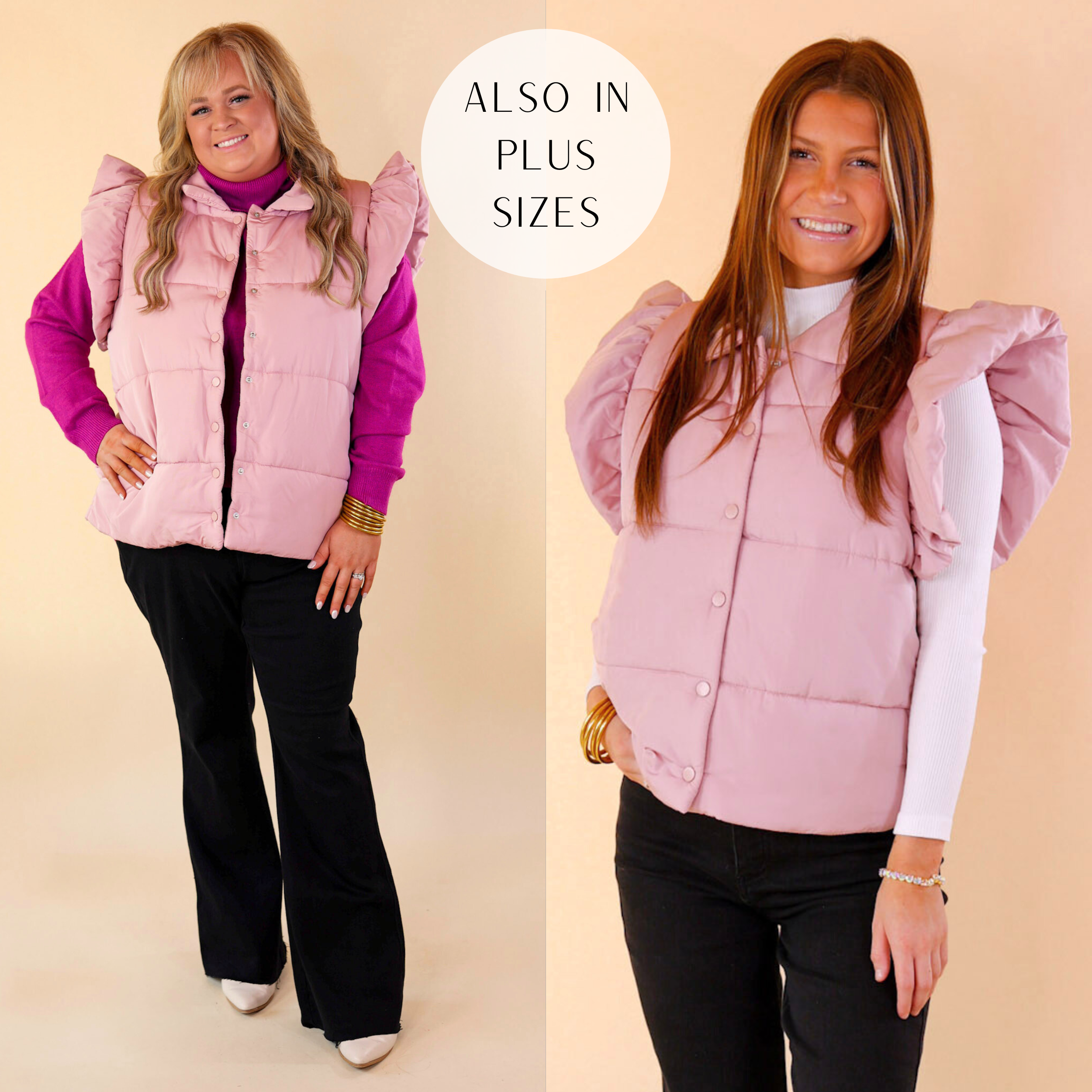 Models are wearing blush pink zip up puffer vest. Plus size model has it paired with black bootcut jeans, pink turtleneck, and white booties. Size small has it paired with black jeans, white shirt, black booties and gold jewelry.