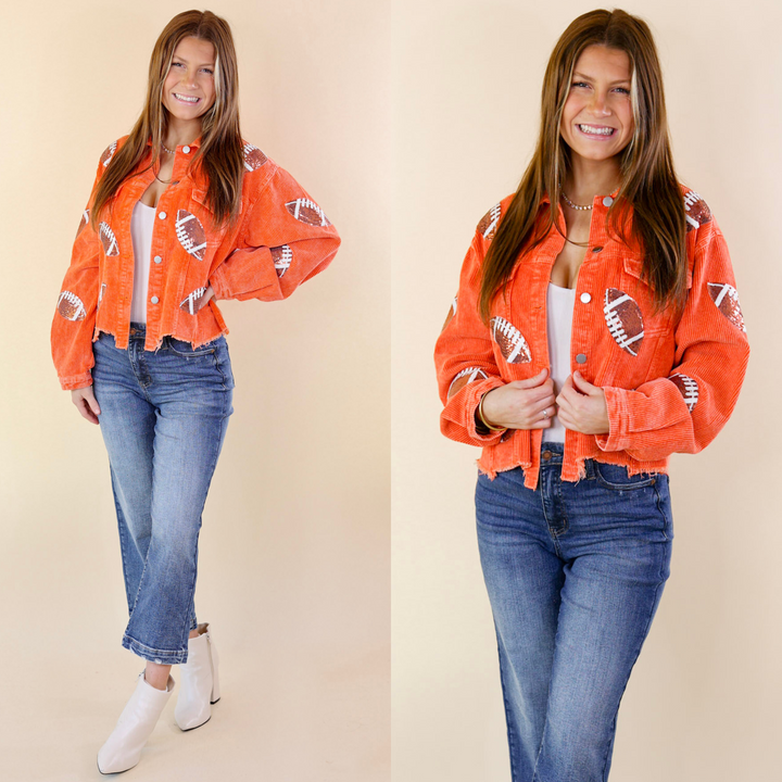 Gameday Ready Corduroy Shacket with Sequin Football Patches in Orange - Giddy Up Glamour Boutique