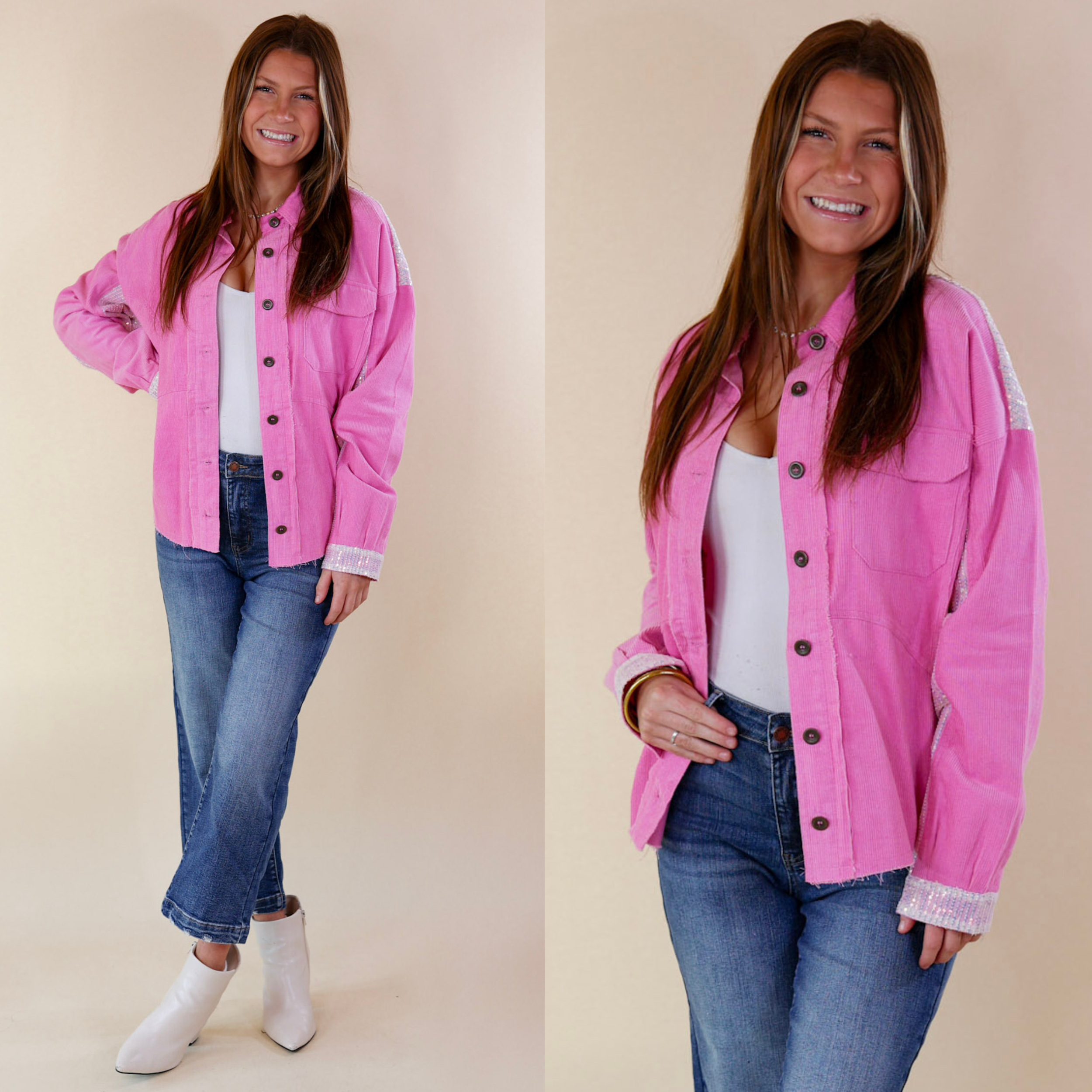 Model is wearing a pink sequin jacket. Model has paired this with dark wash jeans, white shirt, white booties, and silver jewelry.