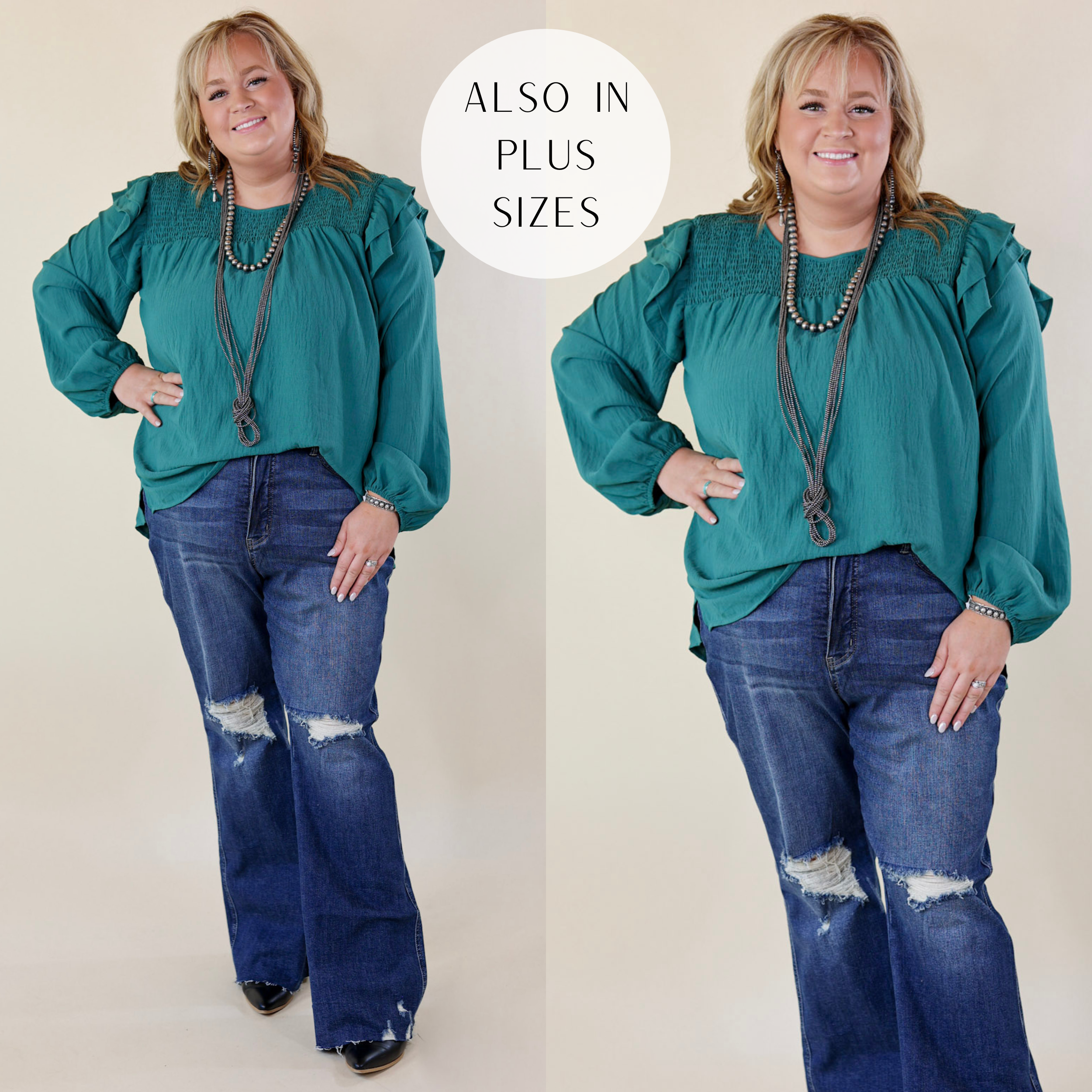 Model is wearing a dark teal green blouse with long ruffle sleeves, and smocked detailing. Model has this top paired with distressed jeans, navajo jewelry, and black booties.
