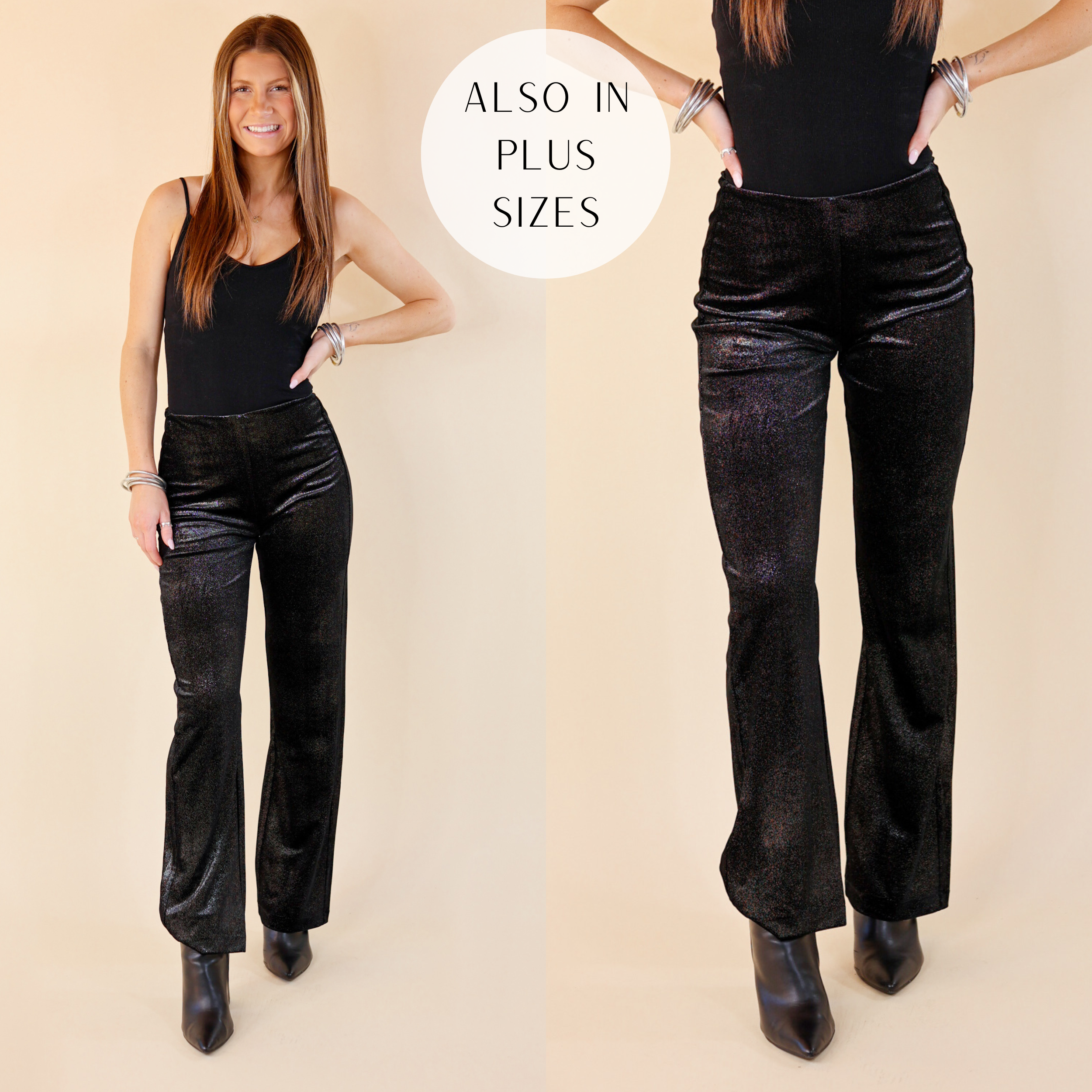Model is wearing metallic foil pants. Size small model has it paired with black booties, black top, and silver jewelry.