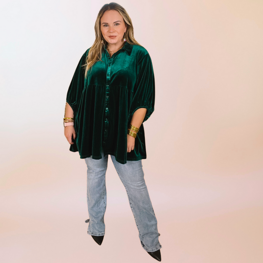 Love Link Button Up Velvet Half Sleeve Babydoll Tunic Top in Emerald Green - Giddy Up Glamour Boutique