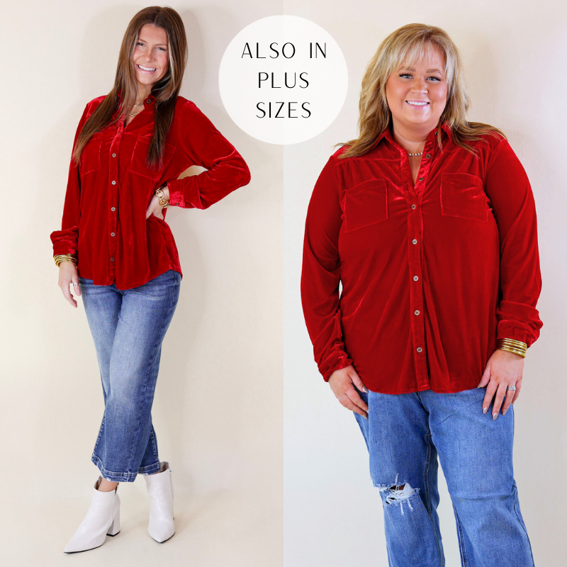 Models are wearing velvet long sleeve button up top in red. Size small model has it paired with Judy Blue medium wash jeans, white booties, and gold jewelry. Size plus model has it paired with medium washed jeans and gold jewelry. 