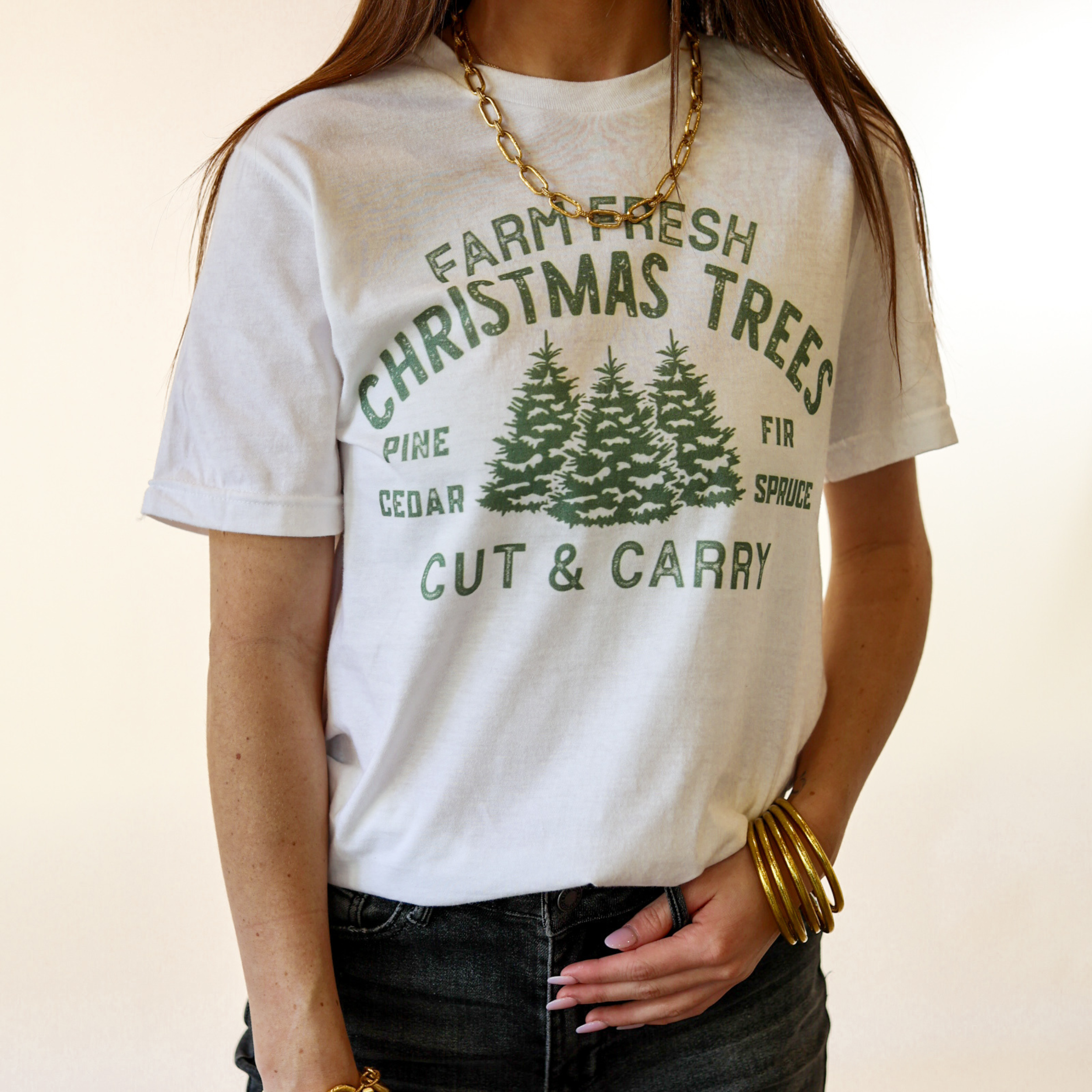 Online Exclusive | Farm Fresh Christmas Trees Graphic Tee in Cream - Giddy Up Glamour Boutique