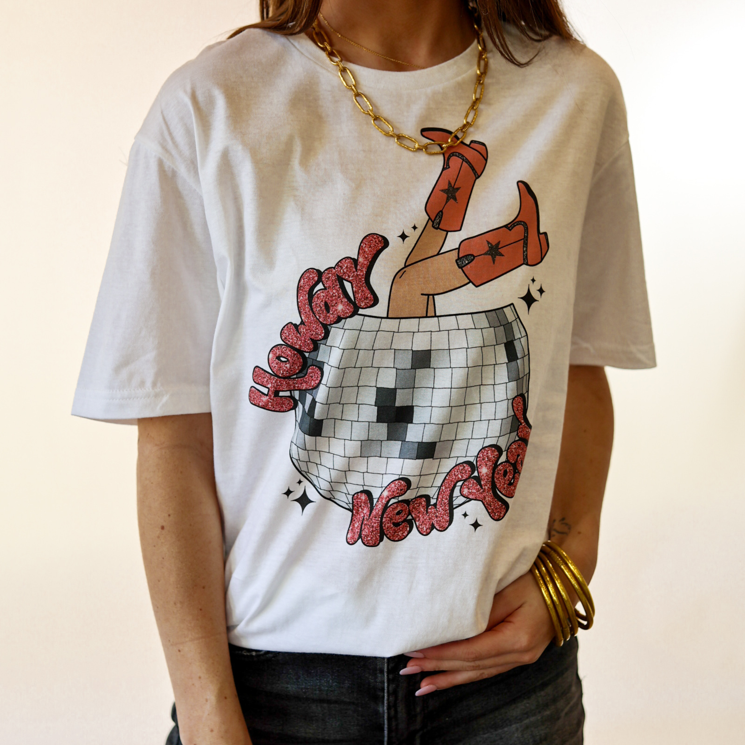 Online Exclusive | Disco Ball New Year Graphic Tee in White - Giddy Up Glamour Boutique